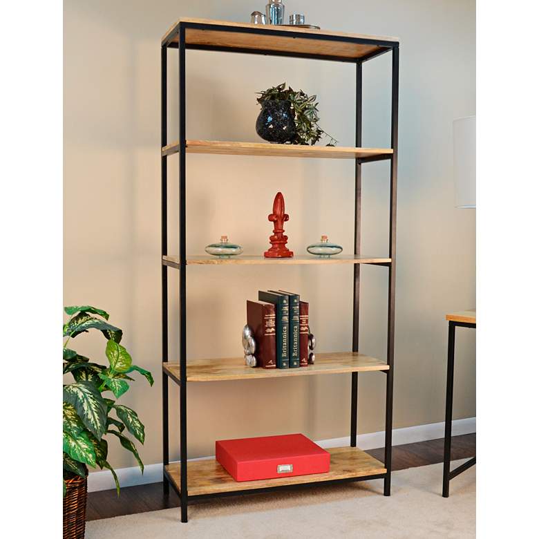 Brayden 72&quot;H Black Steel and Natural Wood 4-Shelf Bookcase