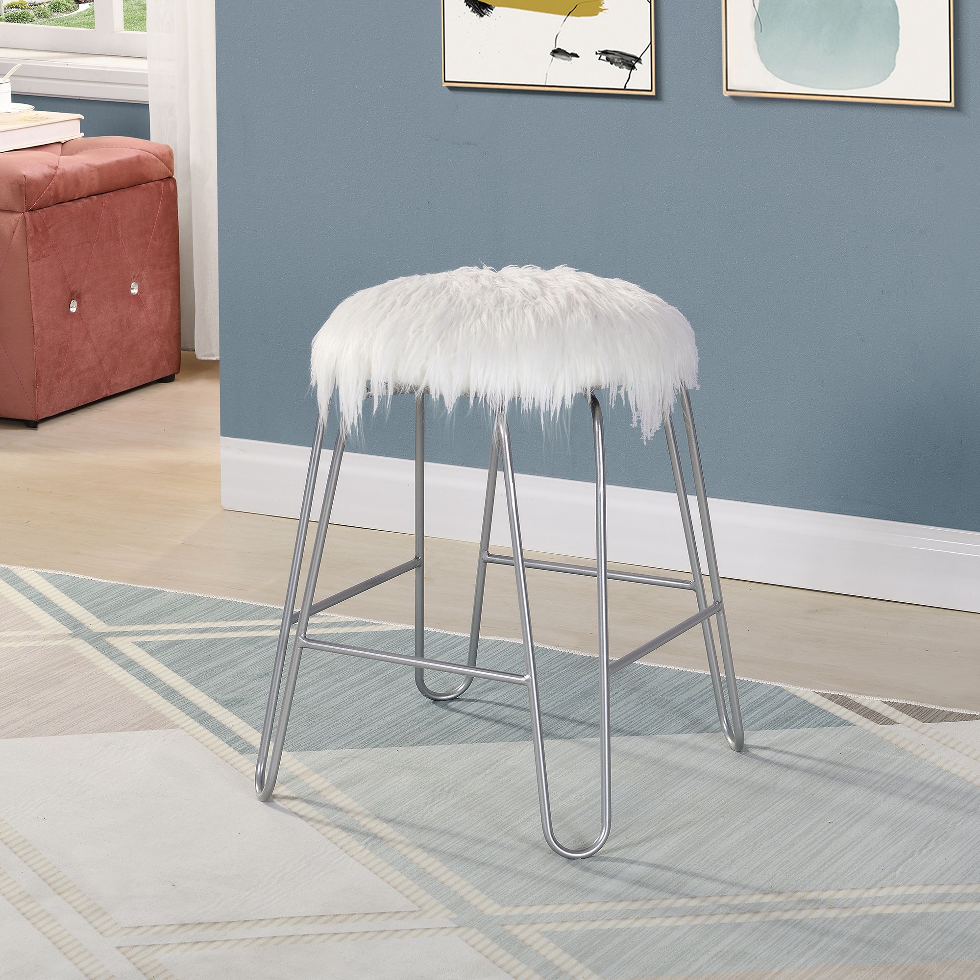 Vanessa 18 White Faux Fur And Silver Vanity Stool 87t09 Lamps Plus