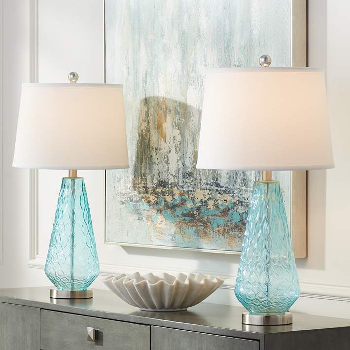 Dylan Blue Glass Coastal Modern Table, Stained Glass Table Lamp Set