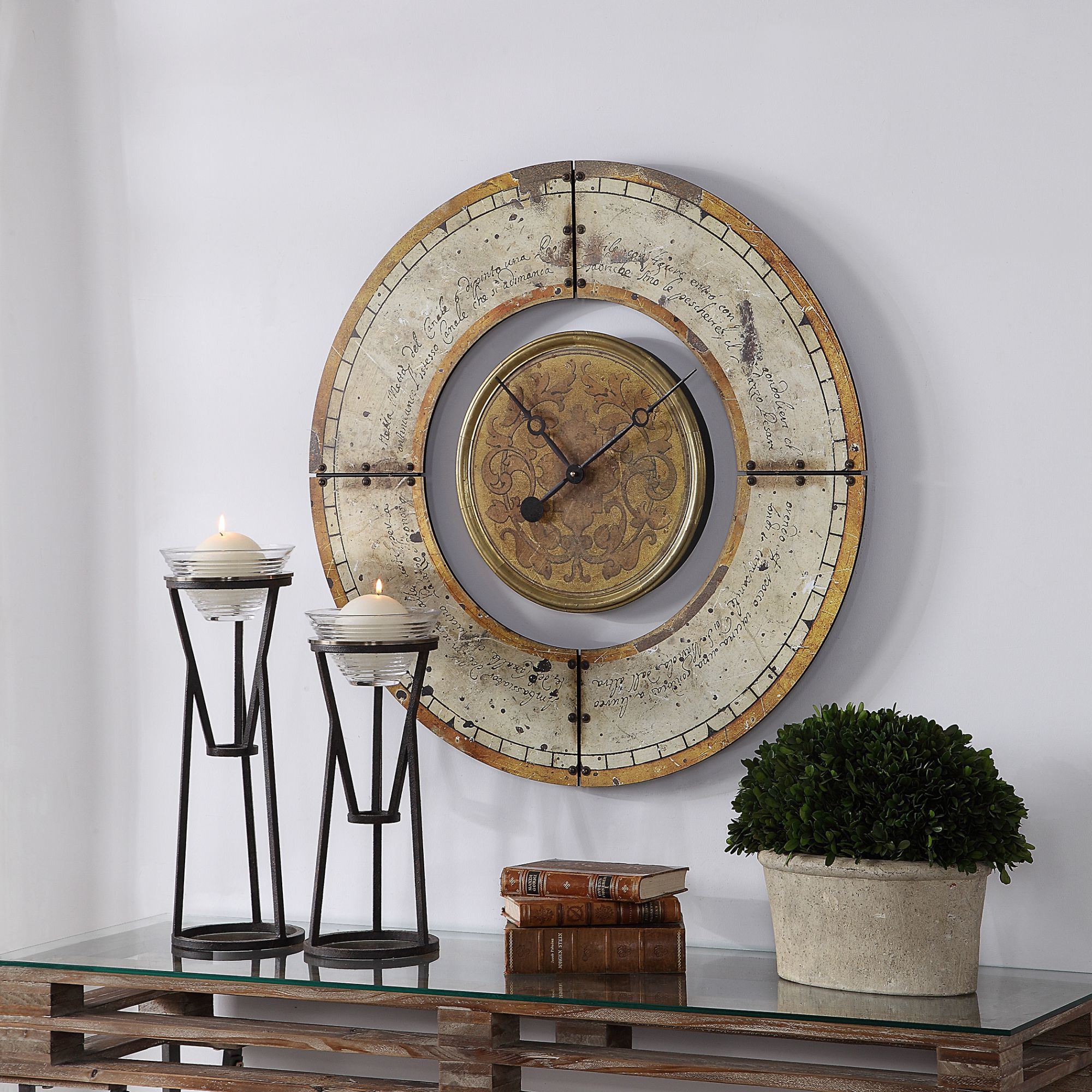 Ezekiel Aged Ivory and Golden Brown 30 1/2" Round Wall Clock