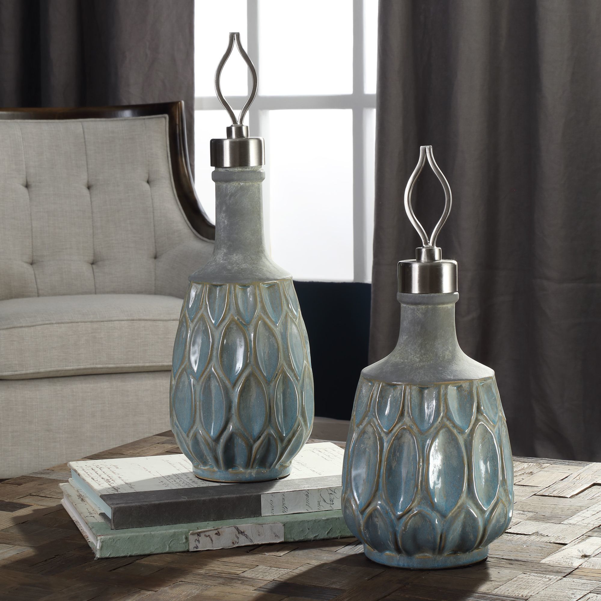Uttermost Arpana Blue and Gray Decorative Bottles Set of 2