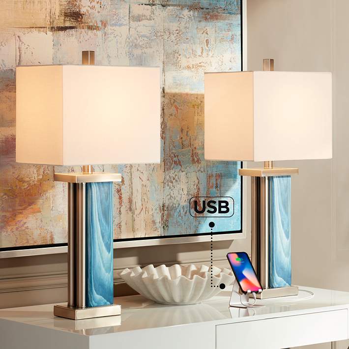 Laguna Blue Modern Coastal USB Table Lamps Set of 2 - #88F10 | Lamps Plus