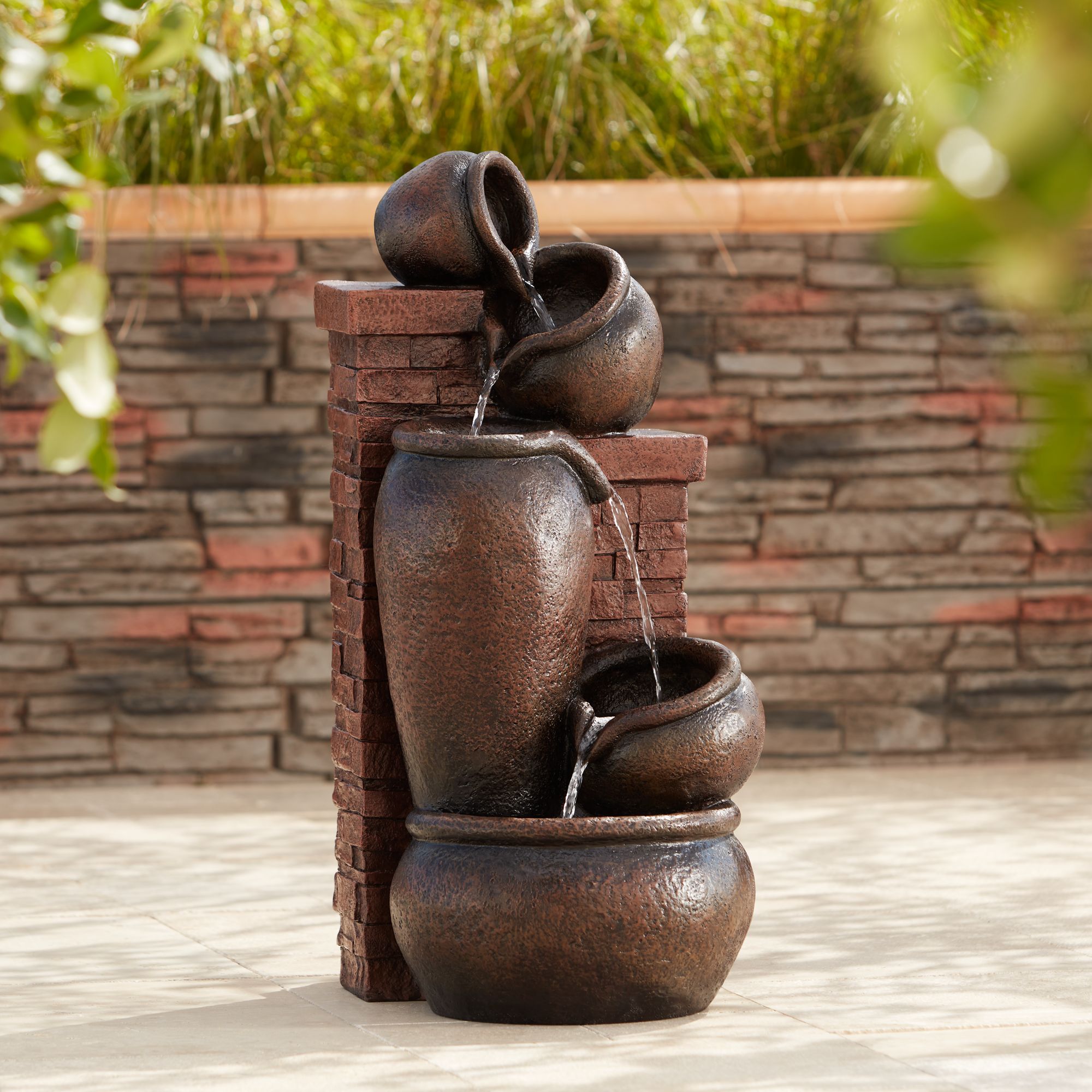 Pot and Bricks 32" High Brown LED Cascading Outdoor Fountain