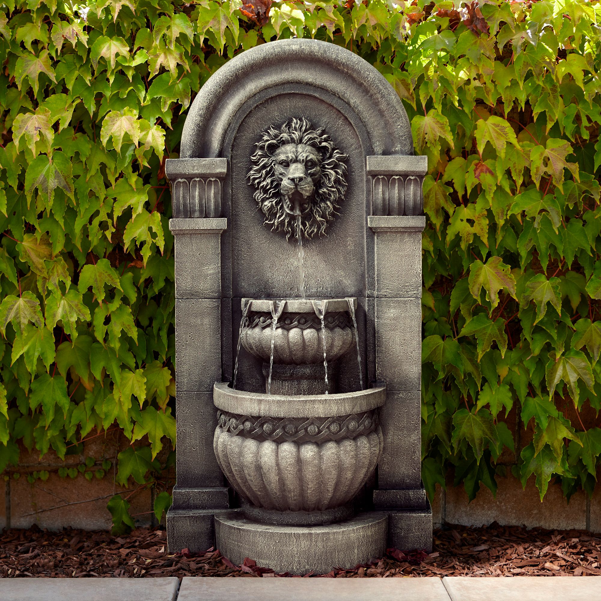 Lion Face 50" High Gray 2-Tier Fountain with LED Light