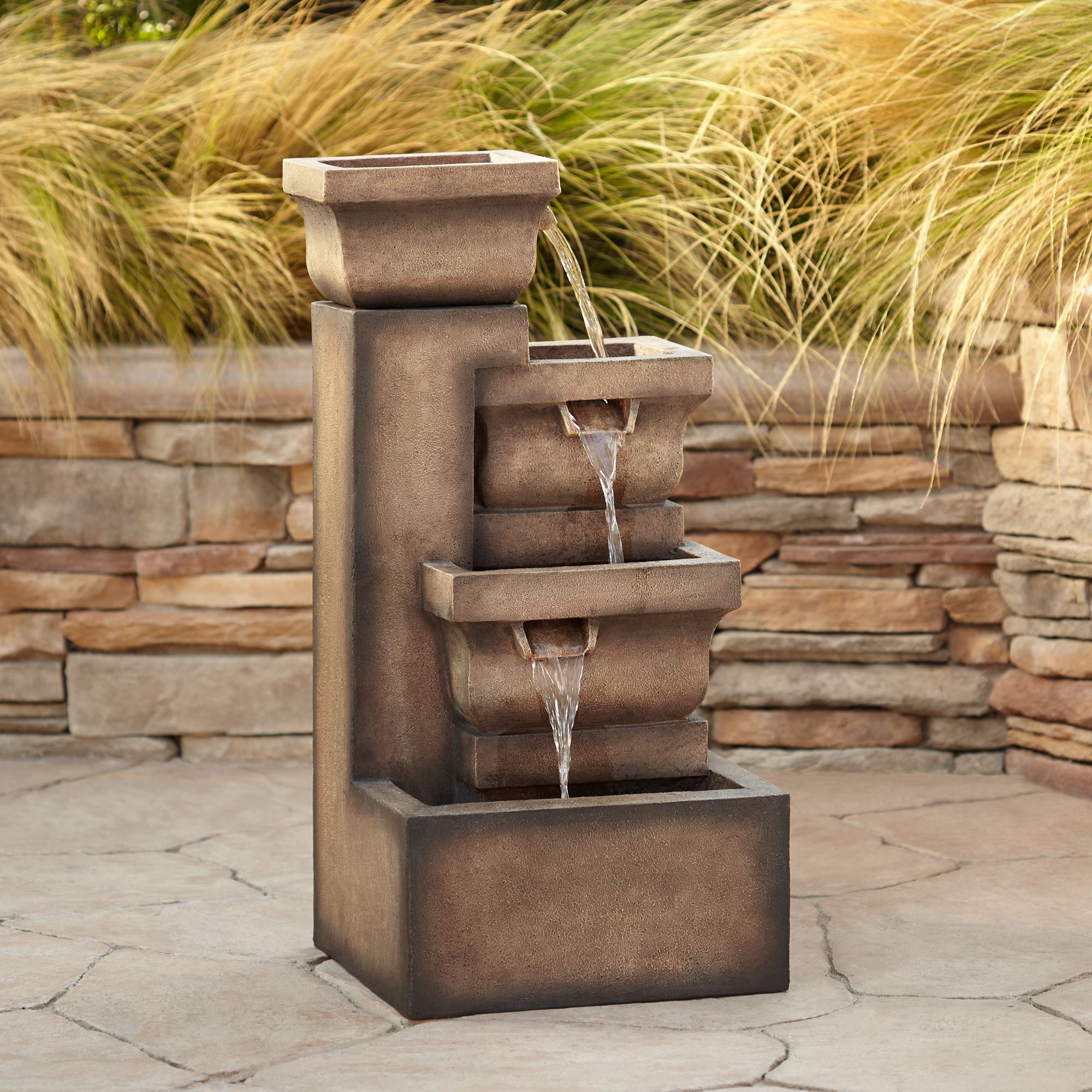 Four Square Pot 33" High Gray LED Cascading Outdoor Fountain