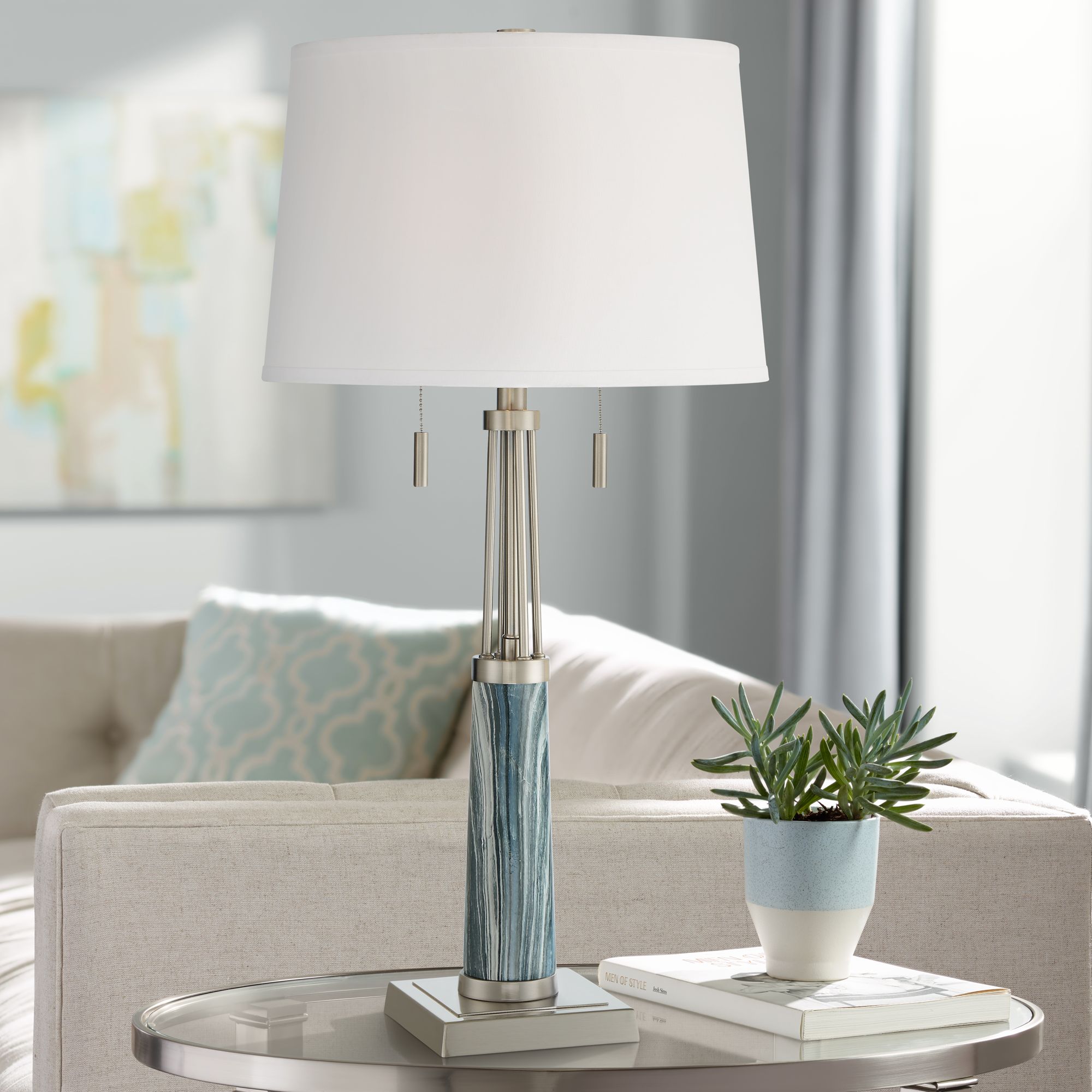 Possini Euro Lara Blue Marble Brushed Nickel Table Lamp