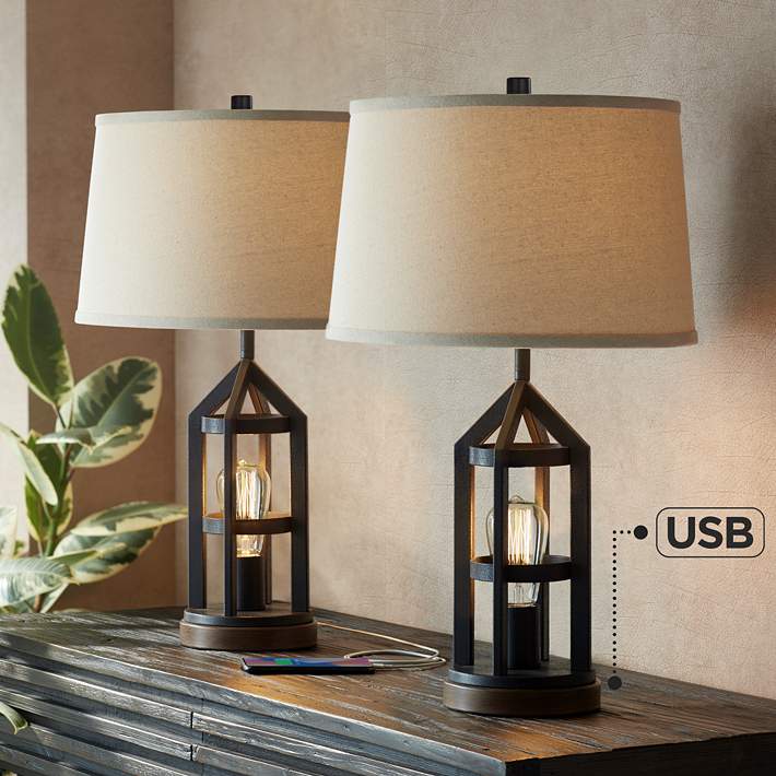 Lucas Bronze Night Light Usb Table, Franklin Iron Works Industrial Table Lamp With Usb Ports