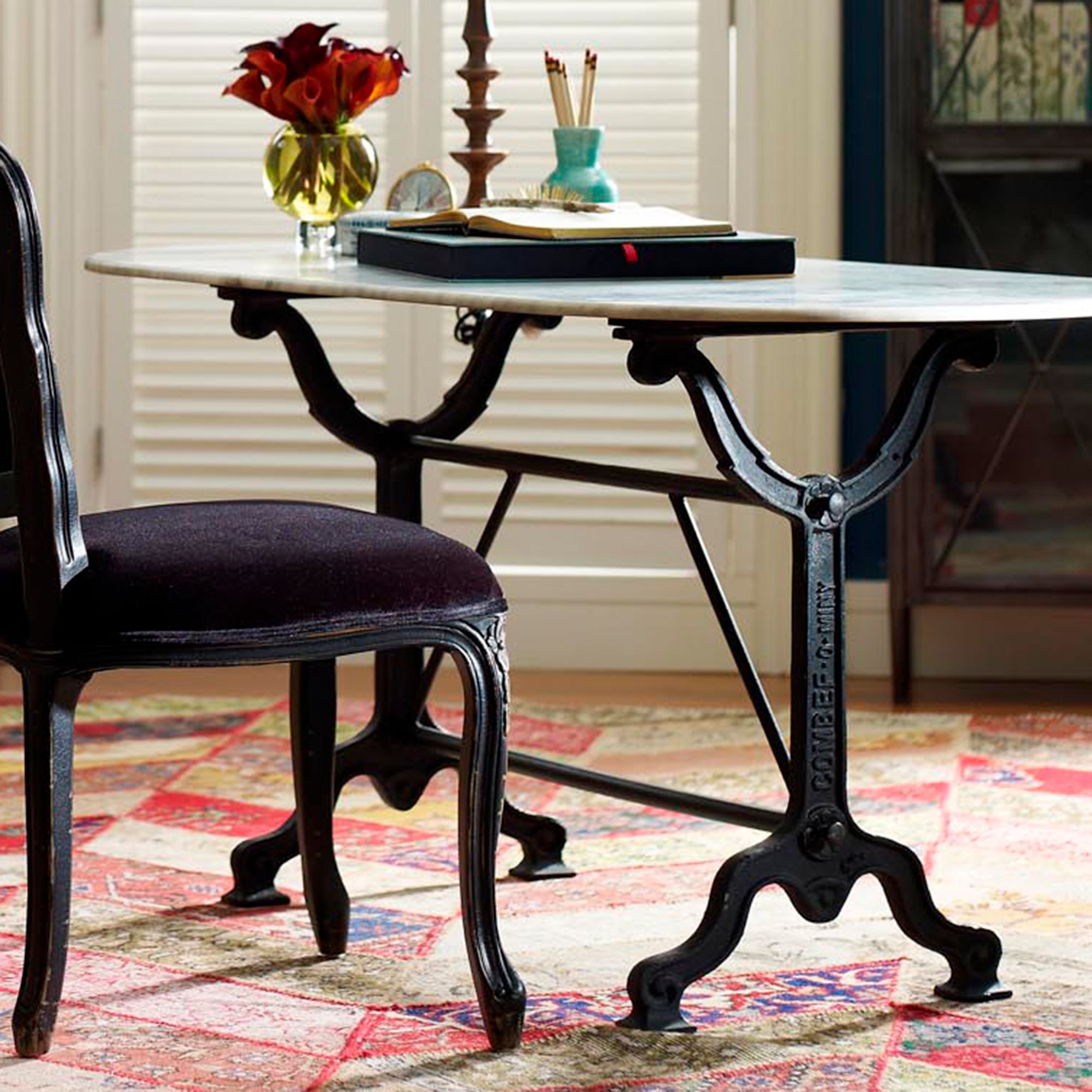 Ava 59" Wide Marble and Black Metal Writing Table