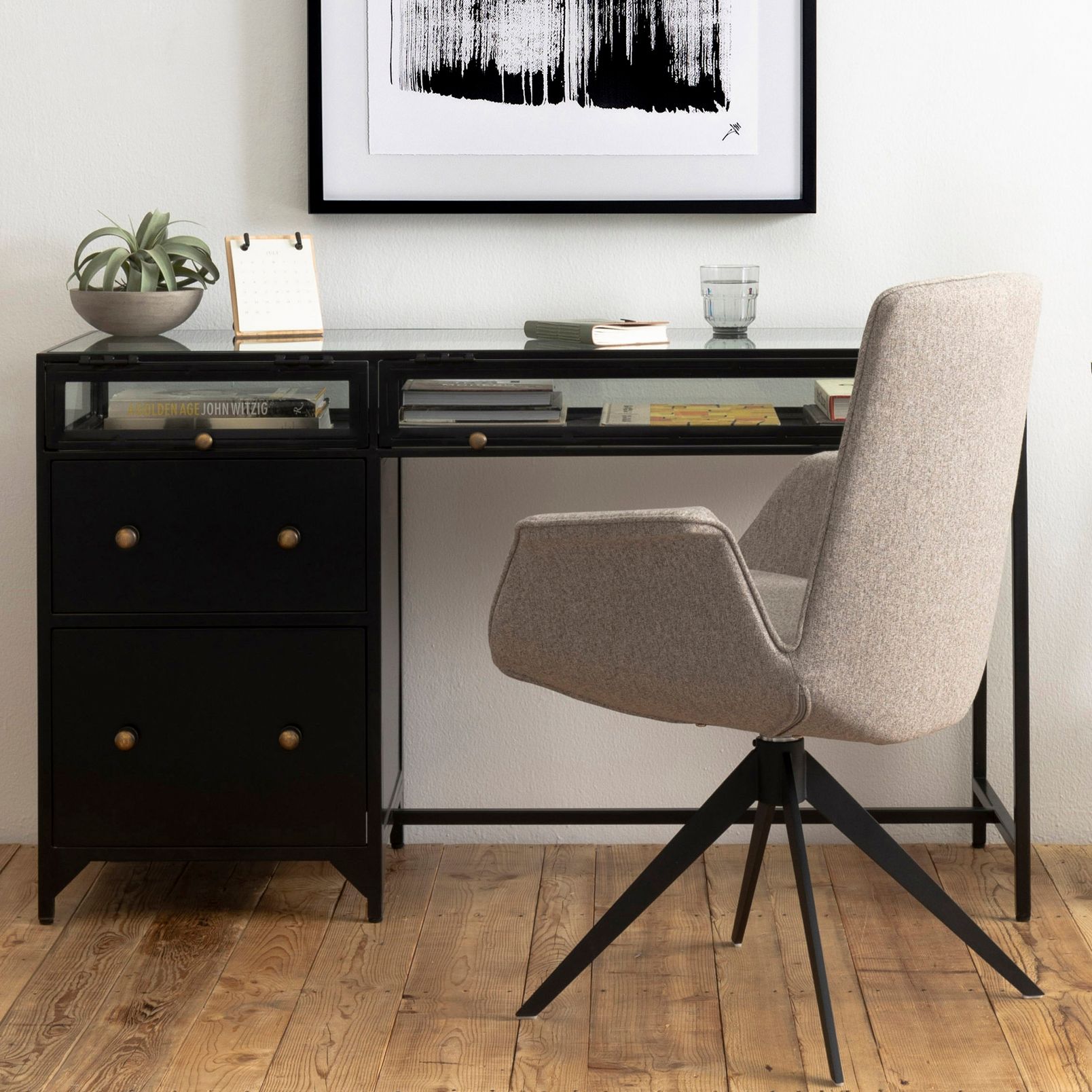 Shadow Box 53" Wide Matte Black 2-Drawer Metal Desk