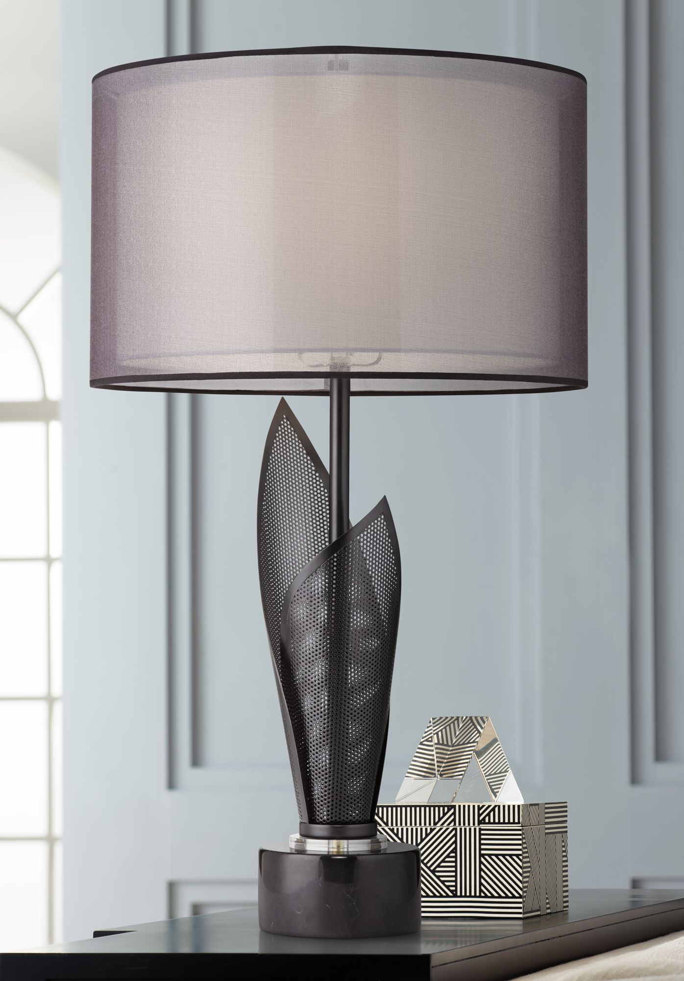 Possini Euro Sasha Black Marble Table Lamp with Double Shade