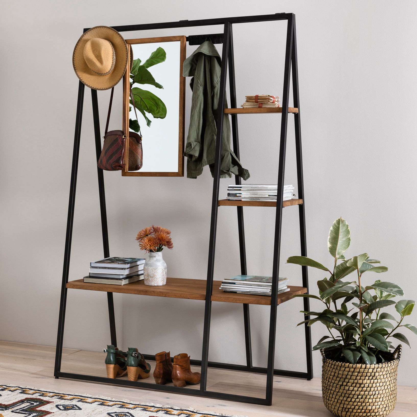 Cantili 50" Wide Dark Gunmetal Entry Shelf with Mirror