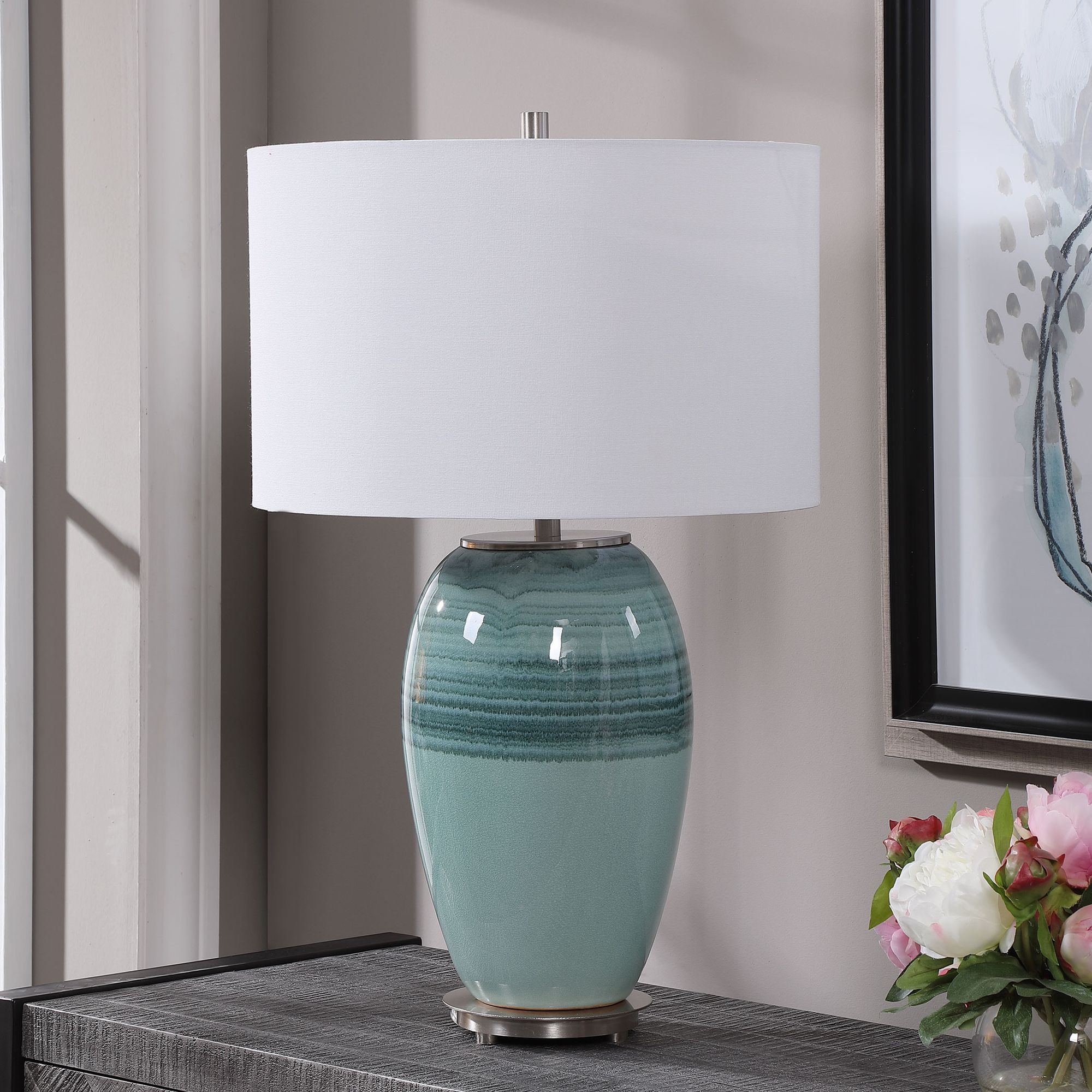 Uttermost Caicos Aqua and Teal Crackle Glaze Table Lamp