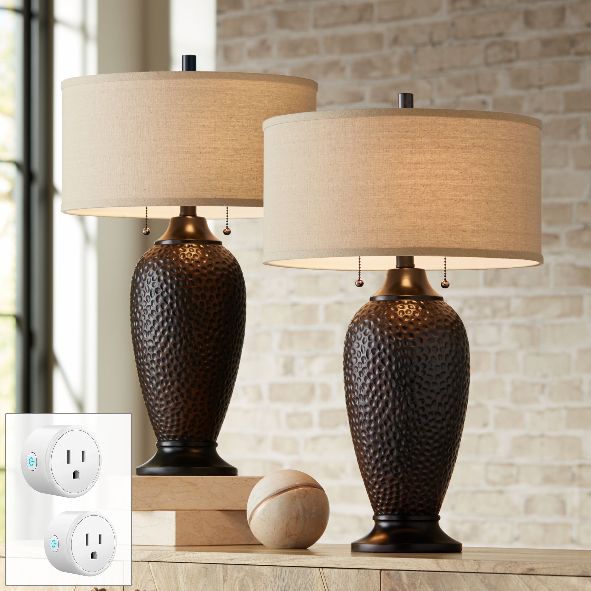 Cody Hammered Bronze Table Lamp Set of 2 with WiFi Smart Sockets