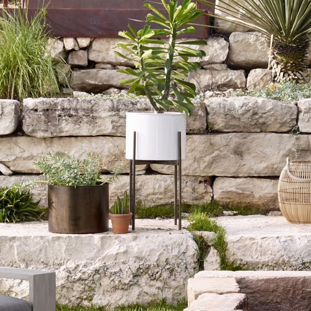 Jed 26" High Glossy White and Brass Outdoor Planter