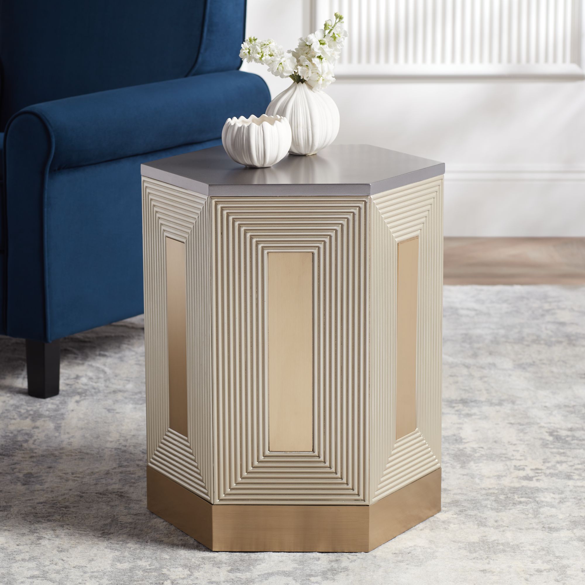 Danika 24" Wide Mid-Century Champagne Silver Round Side Table