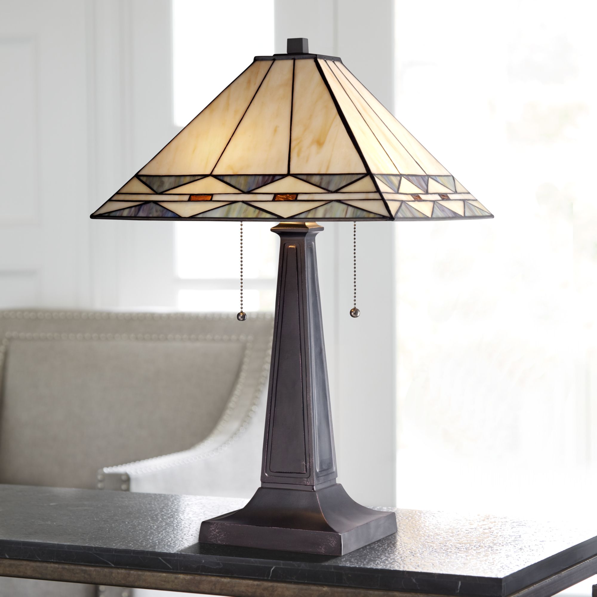 Mission Square Art Glass and Bronze Lamp with Table Top Dimmer