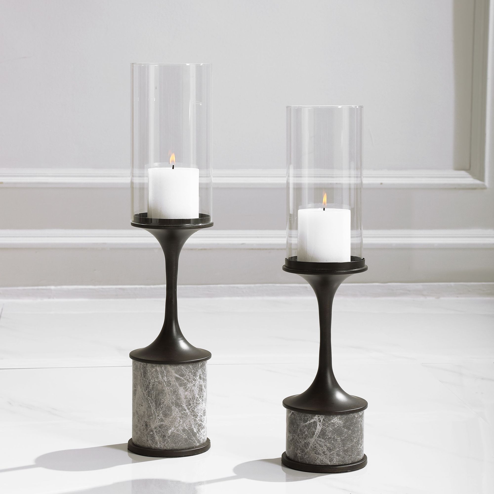 Deane Gunmetal and White Pillar Candle Holders Set of 2 89R10