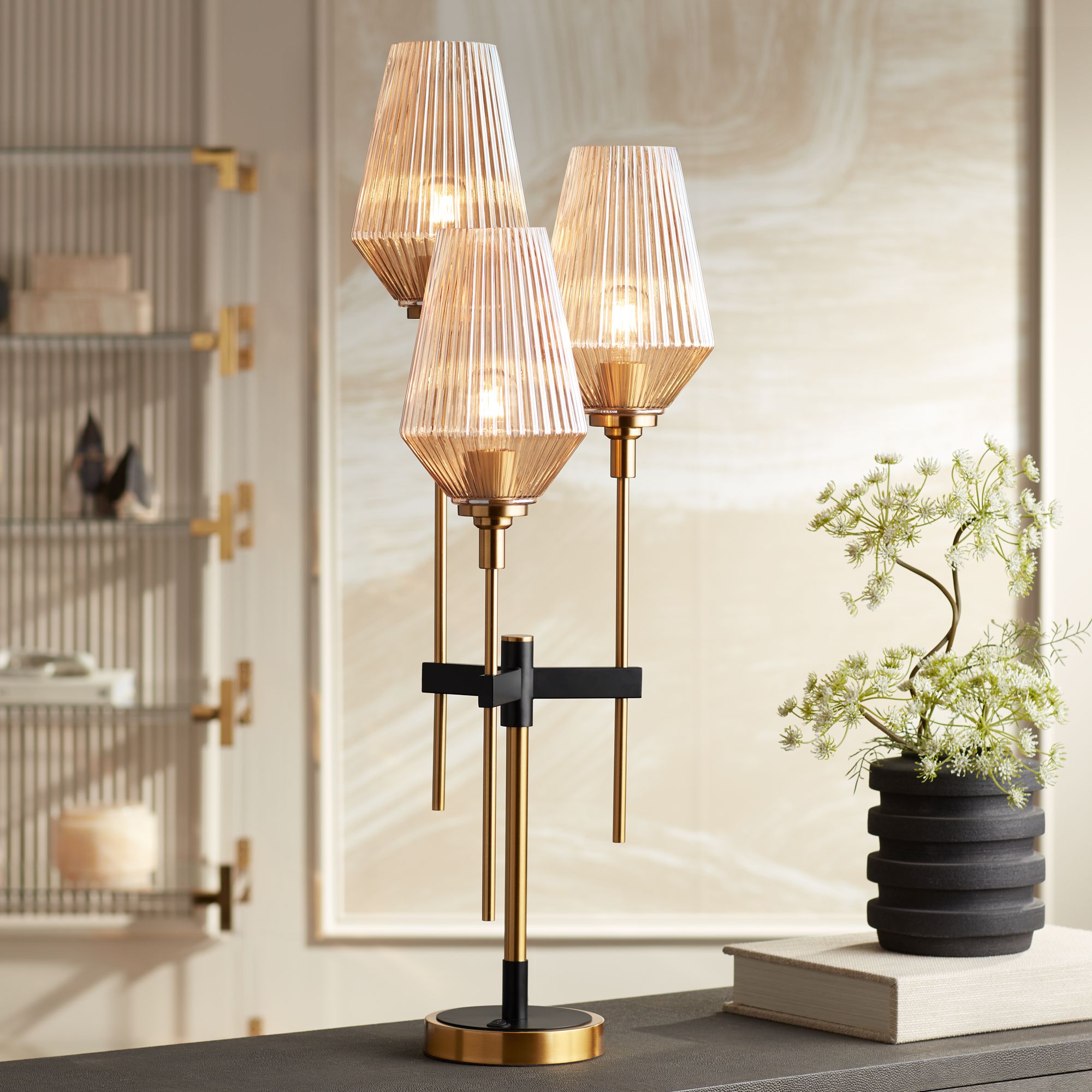 Axiom Brass Three Light Glass Shade Console Lamp