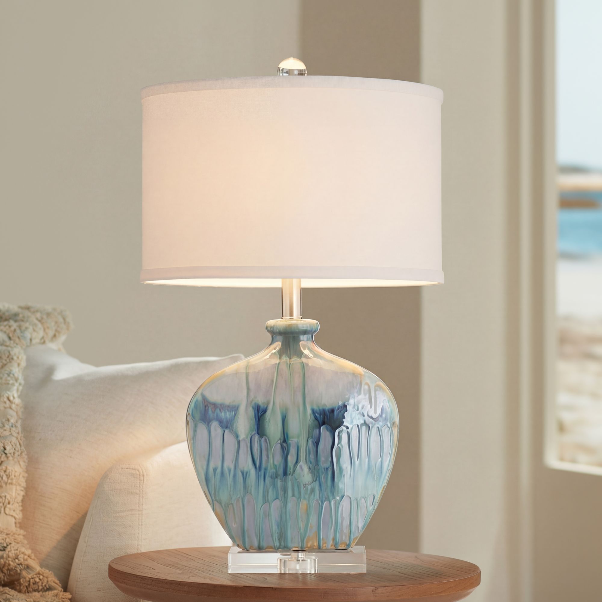 Possini Euro Mia Blue Drip Ceramic Lamp with Table Top Dimmer