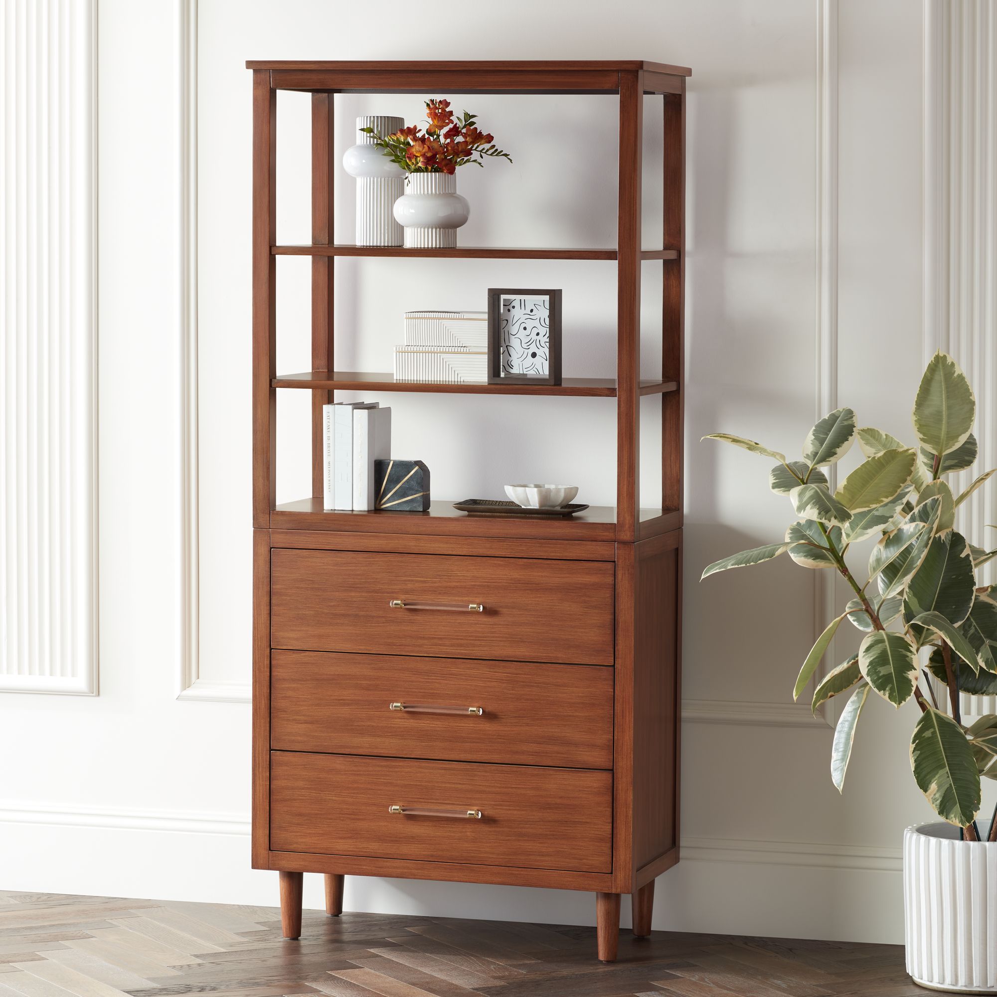 Ollie 72" High Teak 3-Drawer and 3-Shelf Modern Bookshelf