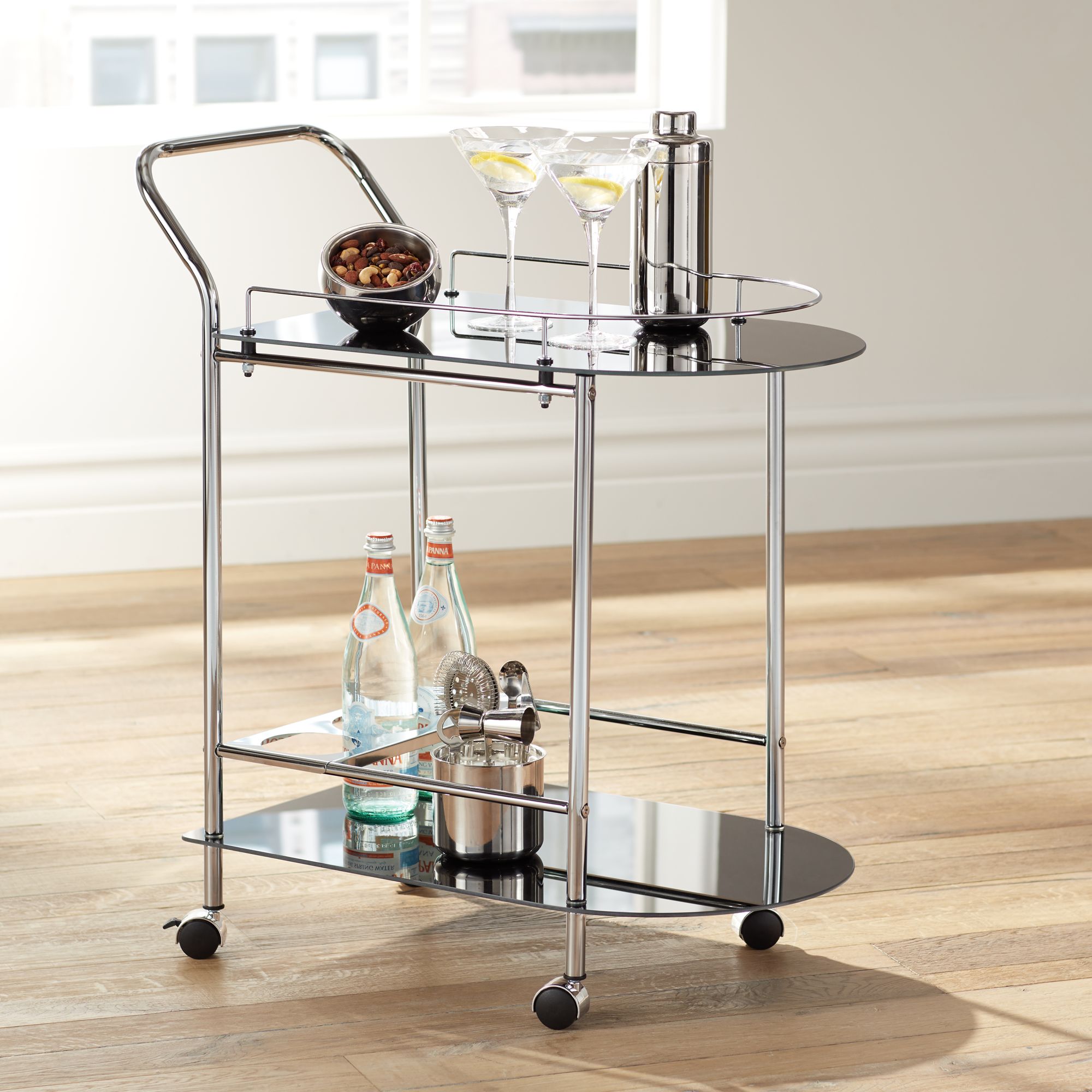Finn 28 1/2" Wide Black Glass Chrome Rolling Serving Cart 8C299 Lamps Plus