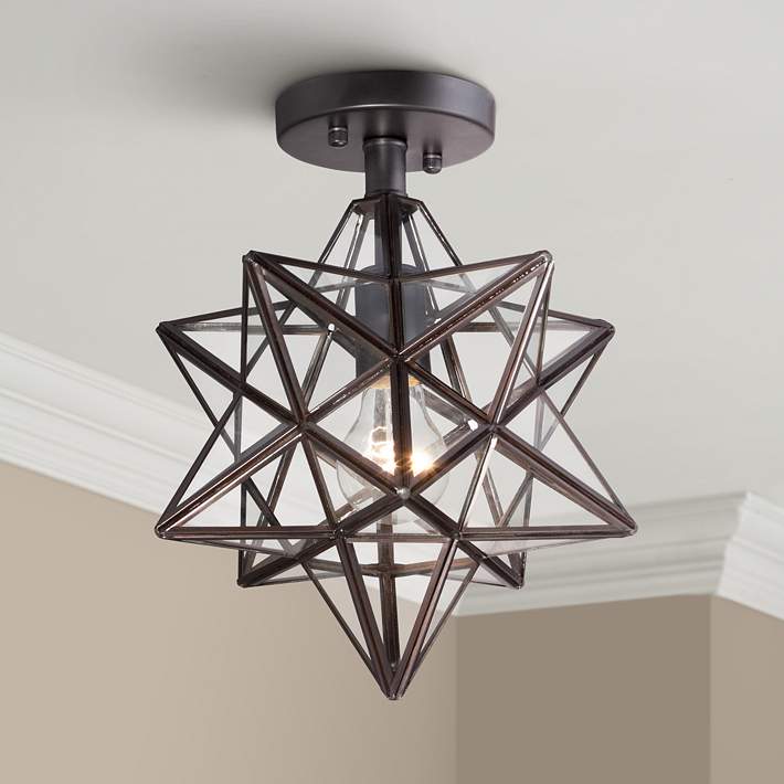 Glass Geometric Star Ceiling Light, Black Moravian Star Table Lamp