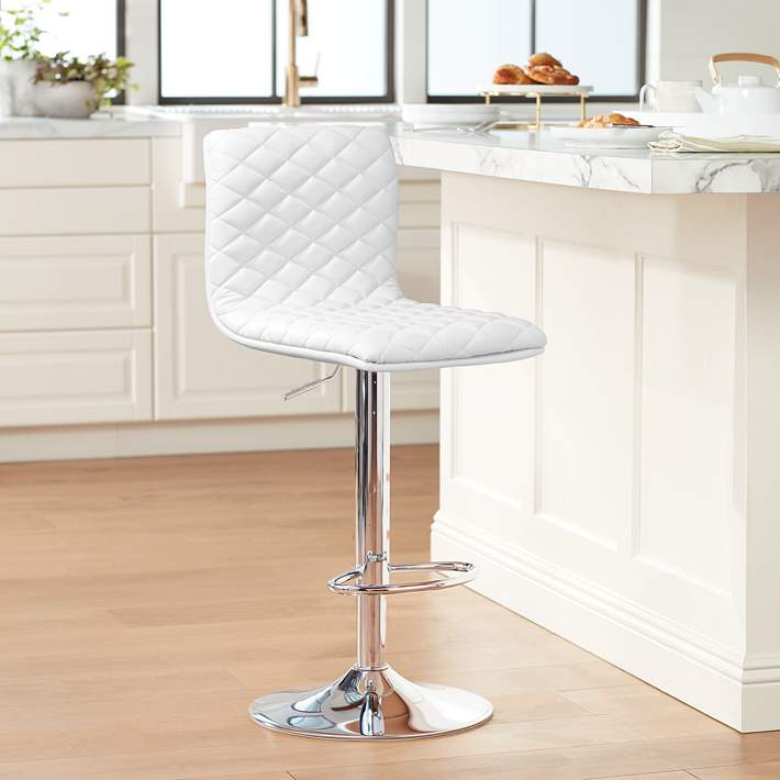 Caviar Chrome And White Adjustable, White Leather Stool