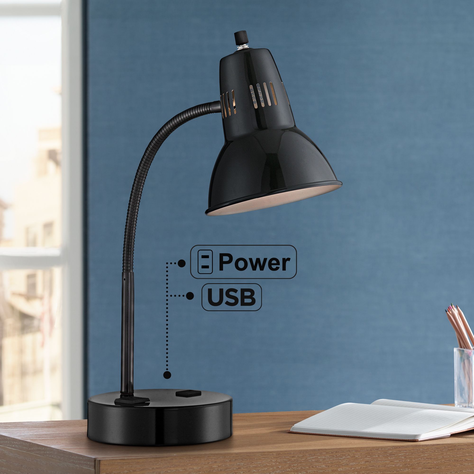 desk lamp with usb port and outlet
