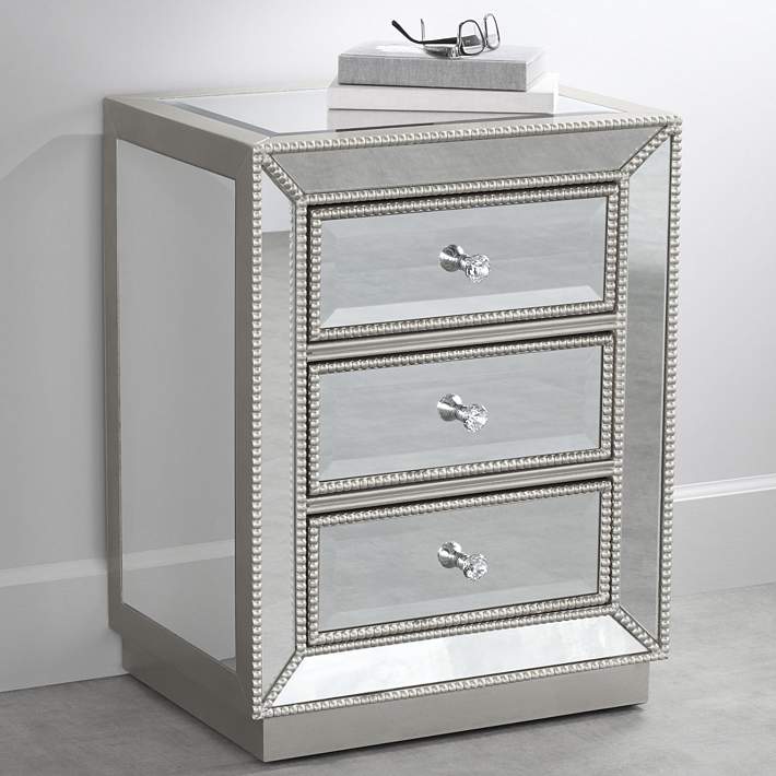 Trevi 20 Wide 3 Drawer Silver Mirrored, Gold Beaded Mirrored Bedside Table