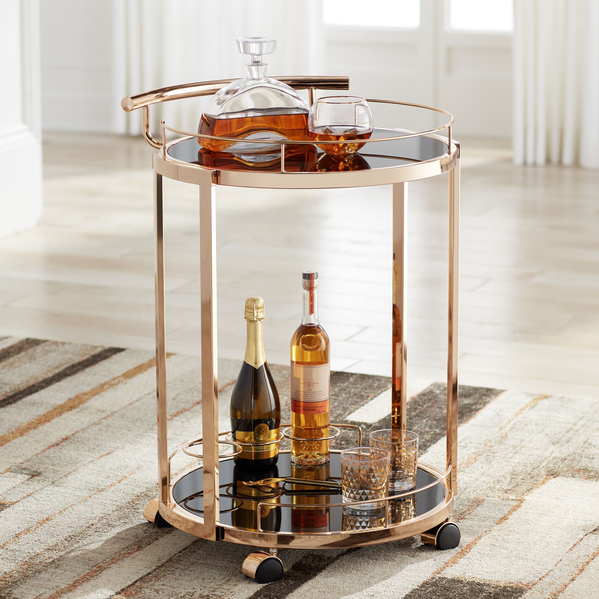 Treviso 28" Wide Black Glass and Gold Round Serving Bar Cart 8K436