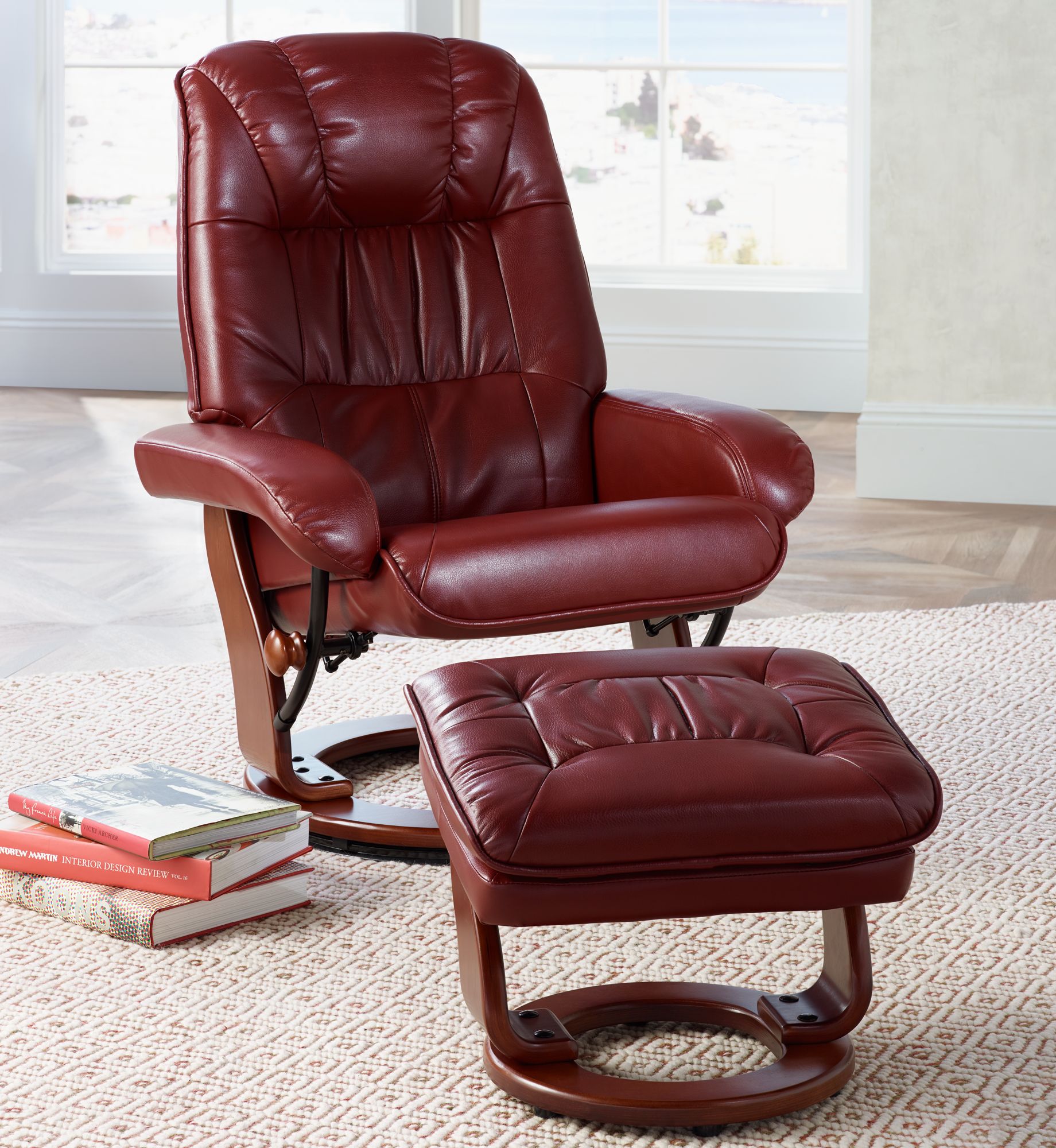 Kyle Ruby Red Faux Leather Ottoman And Swiveling Recliner