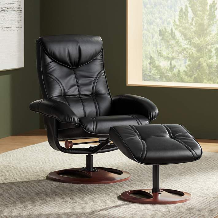 Swivel Recliner Chair Bonded Leather Black Reclining Turn 360 Movie Room Ottoman 