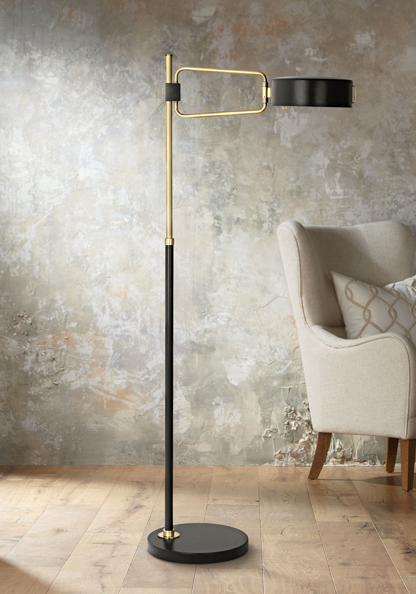 Simon 56 3/4" High Black-Brass Floor Lamp by Robert Abbey
