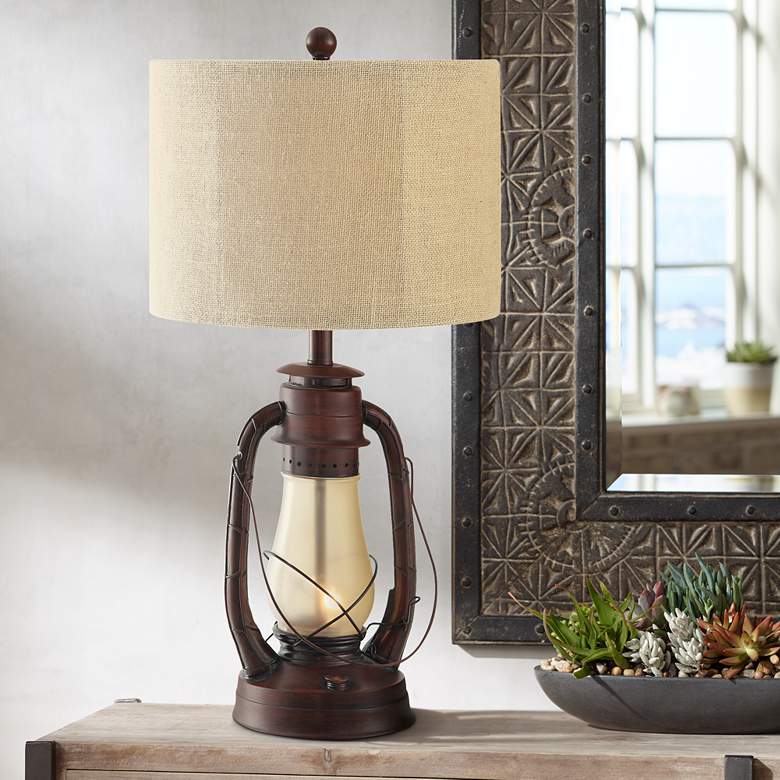 Crestview Rustic Red Lantern Table Lamp with Nightlight
