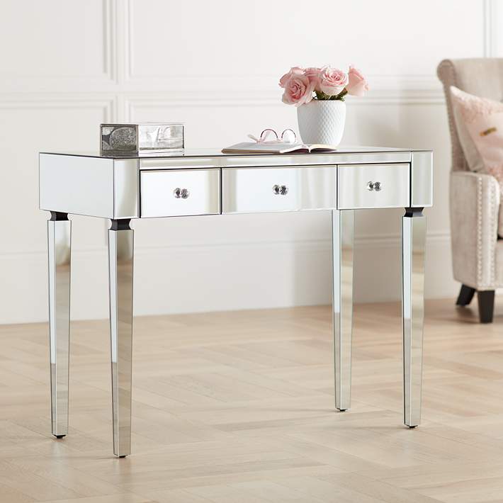 2 Wide 3 Drawer Mirrored Small Desk, Mirrored Vanity With Drawers