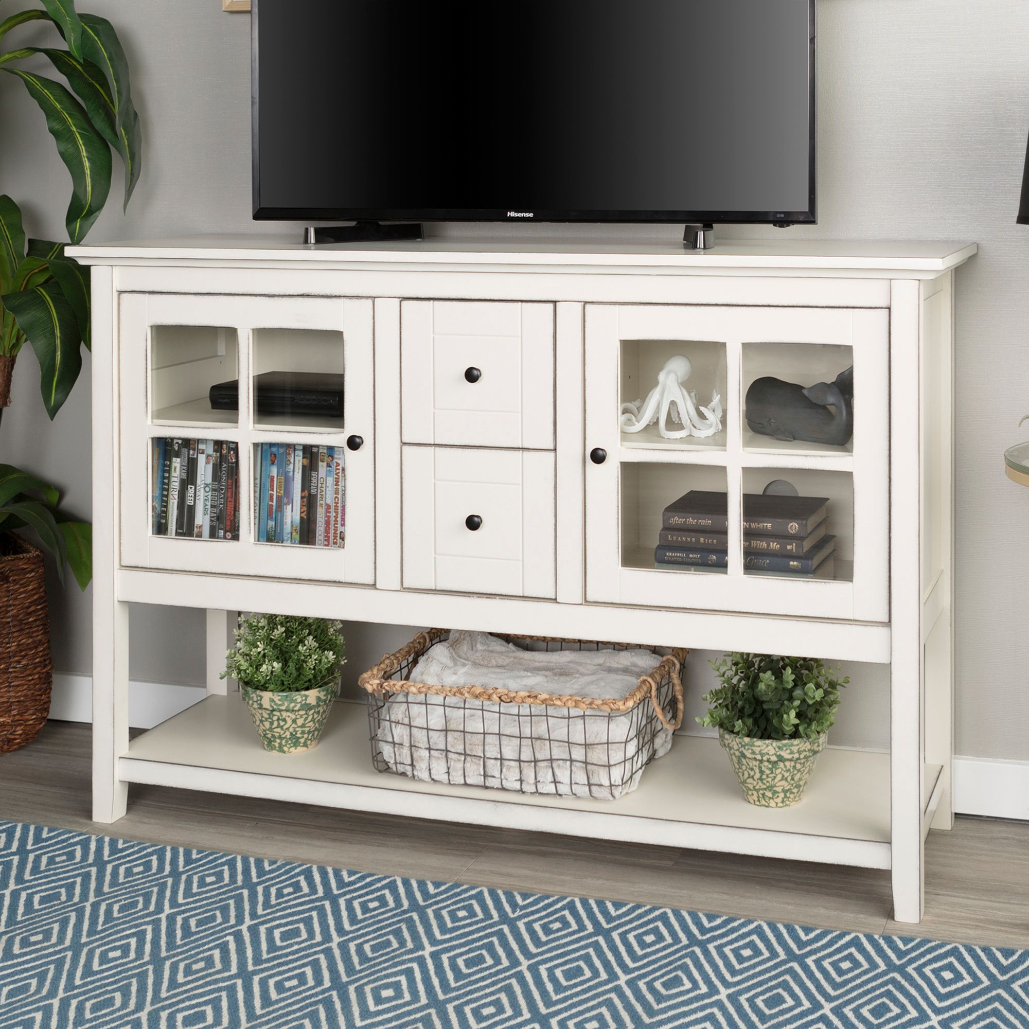 Robson 52" Wide Antique White Wood 2Drawer TV Stand Buffet 90M91