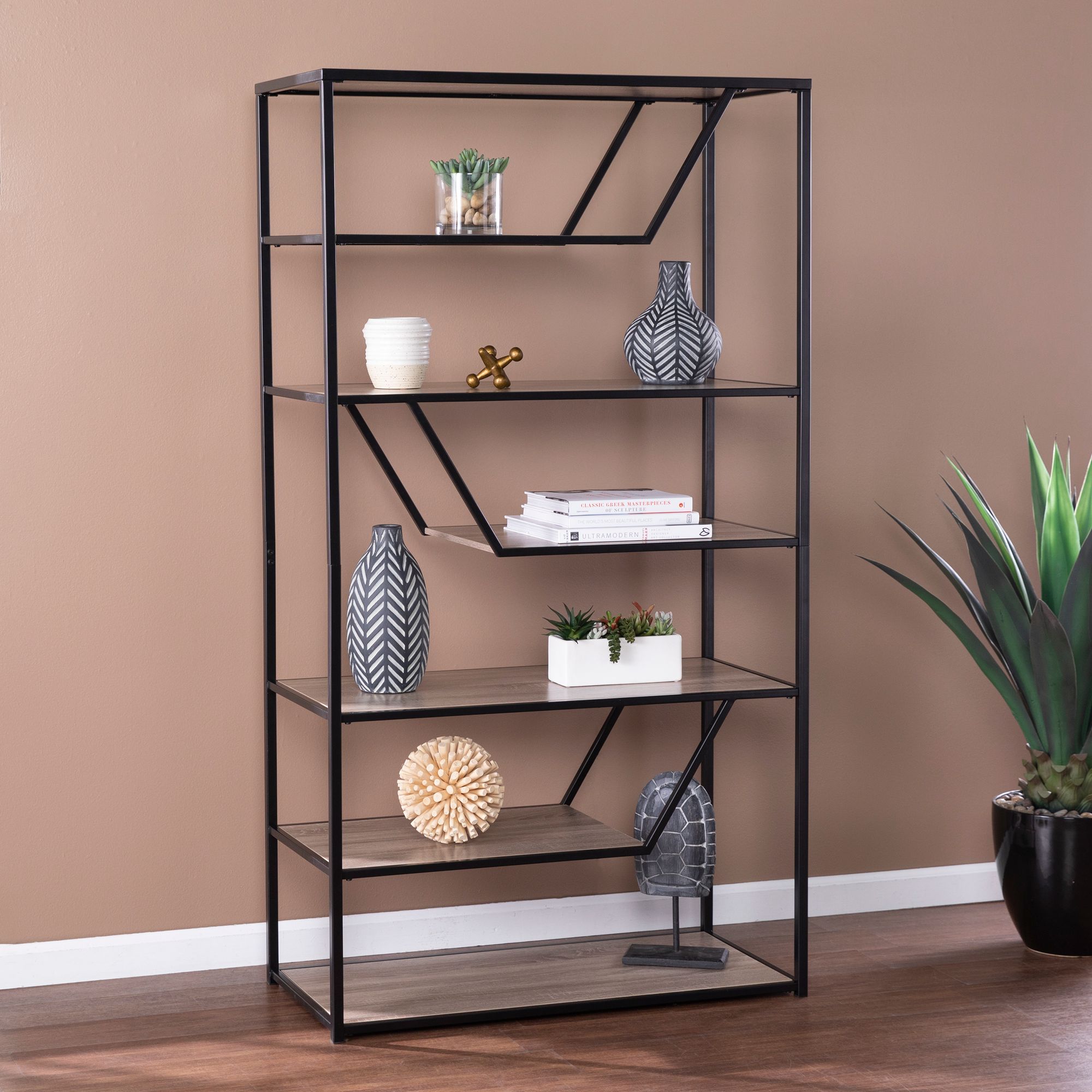 Barsby 37 1/4"W Black and Oak Wood 6-Shelf Etagere Bookcase