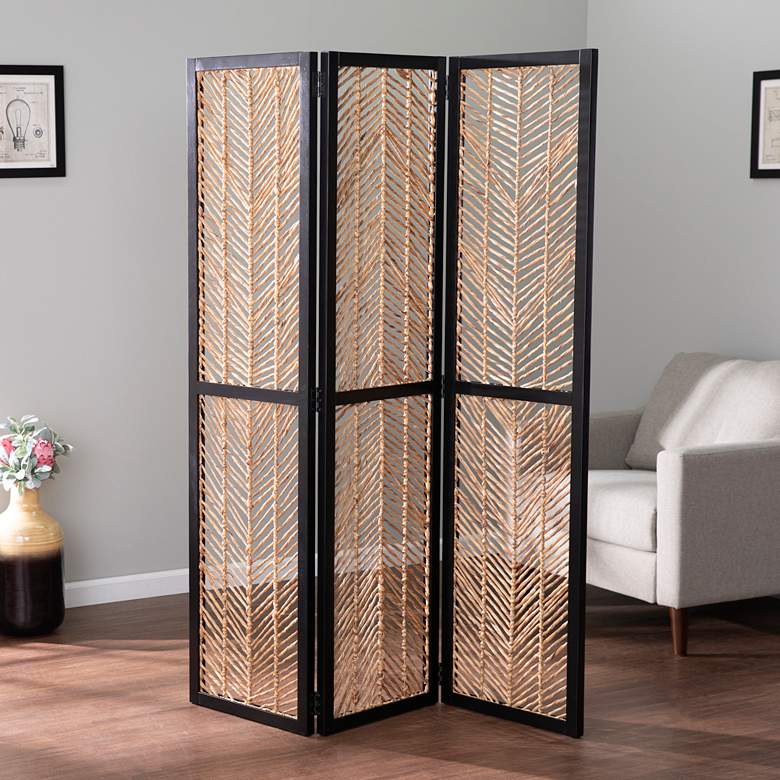 Quilino 53&quot;W Black Natural 3-Panel Woven Room Screen Divider