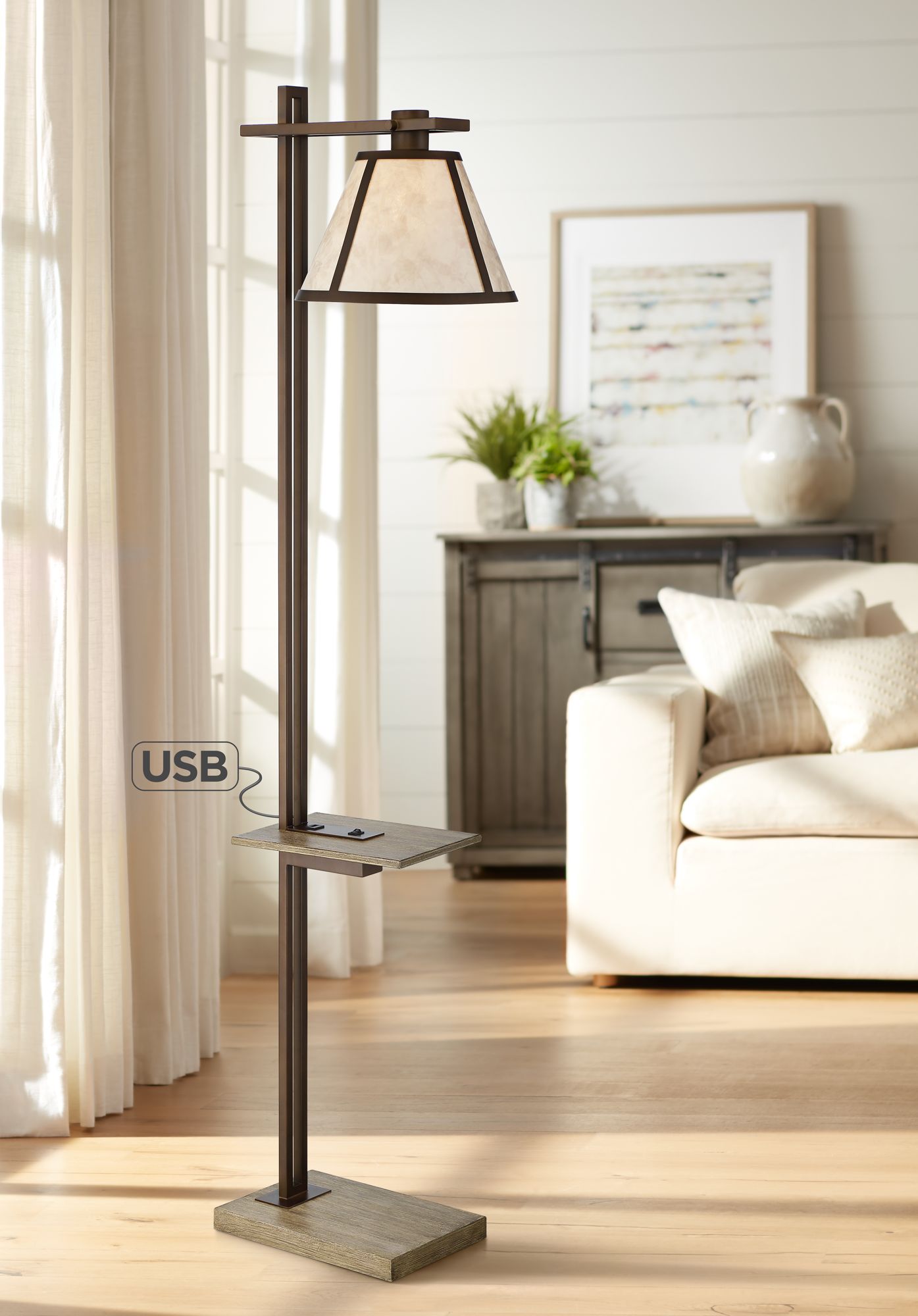 Winslow Bronze Mica Shade Floor Lamp with BuiltIn Tray Table and USB