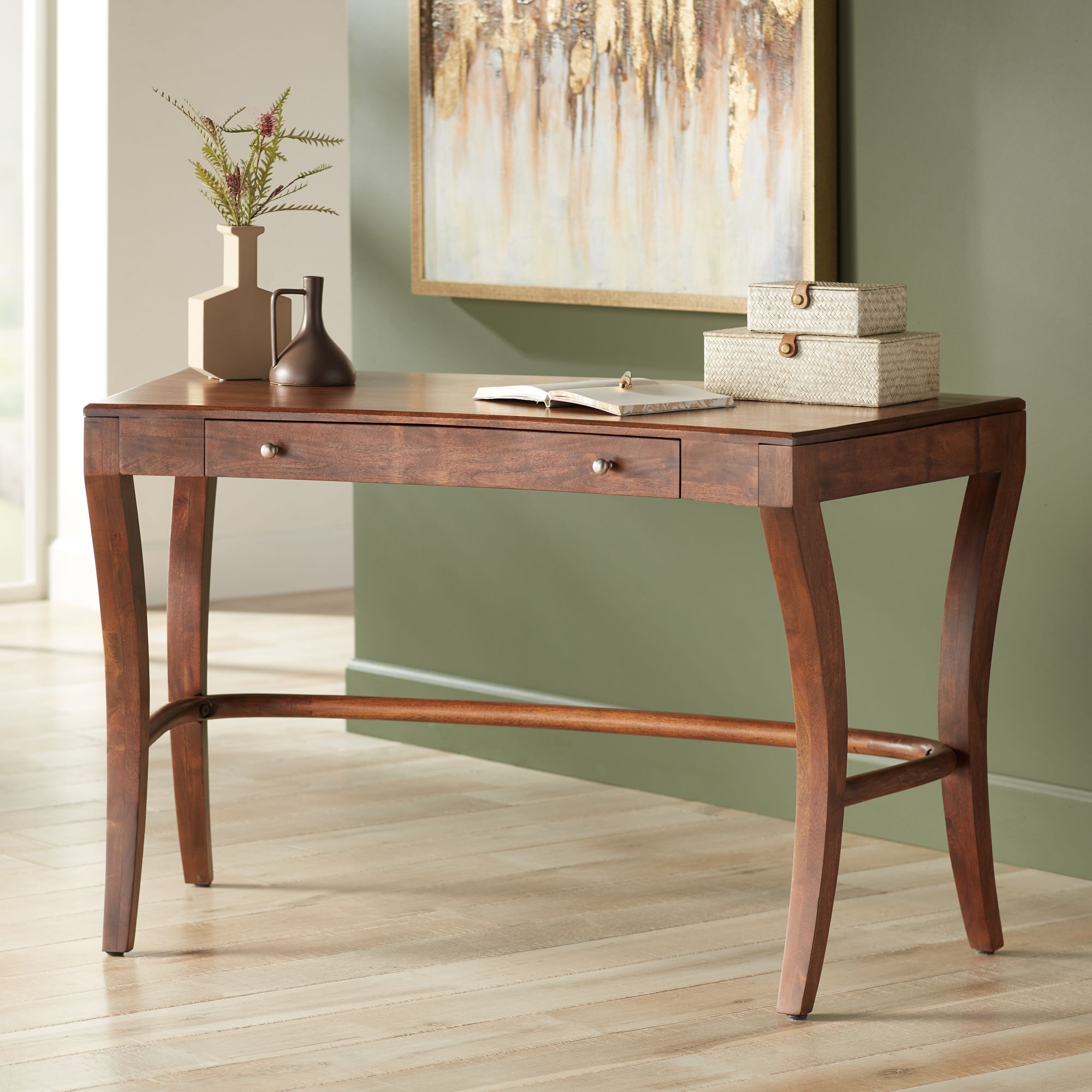 Knoll 50" Wide Brown Acacia Wood 1-Drawer Writing Desk