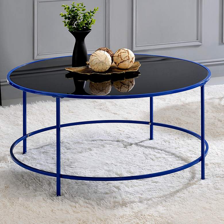 Image 2 Fontayn 36" Wide Blue Metal Black Glass Round Coffee Table