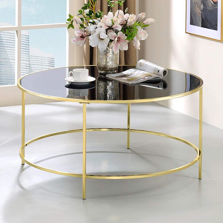 Fontayn 36&quot; Wide Brass Metal Black Glass Round Coffee Table