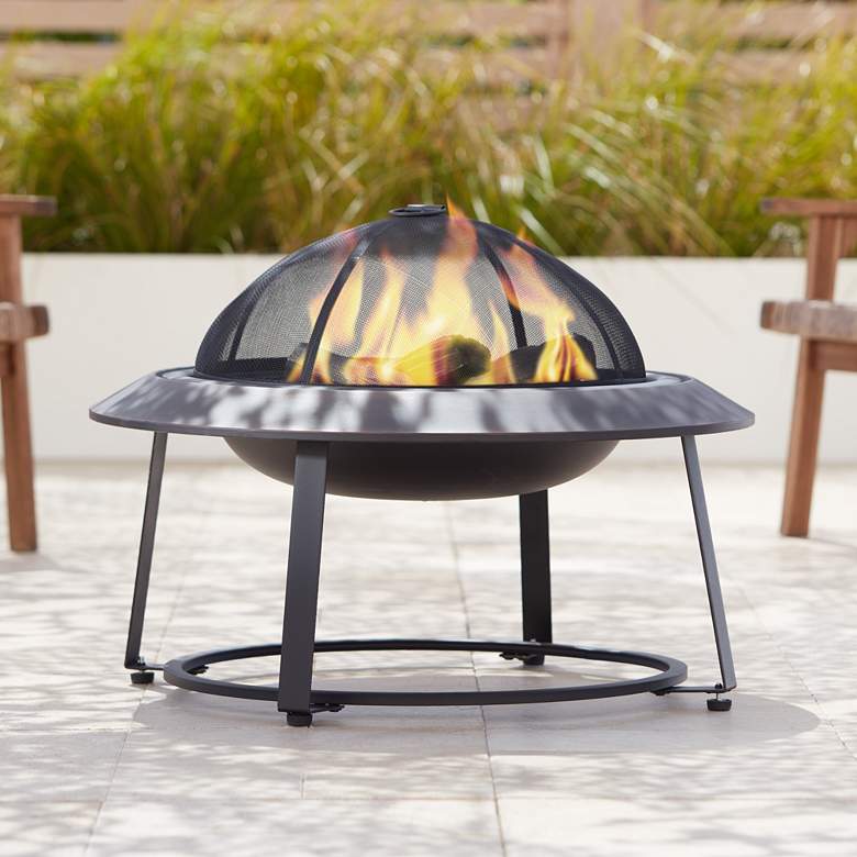 Orbiter 31.7&quot; Wide Round Wood Burning Fire Pit with Mesh Cover