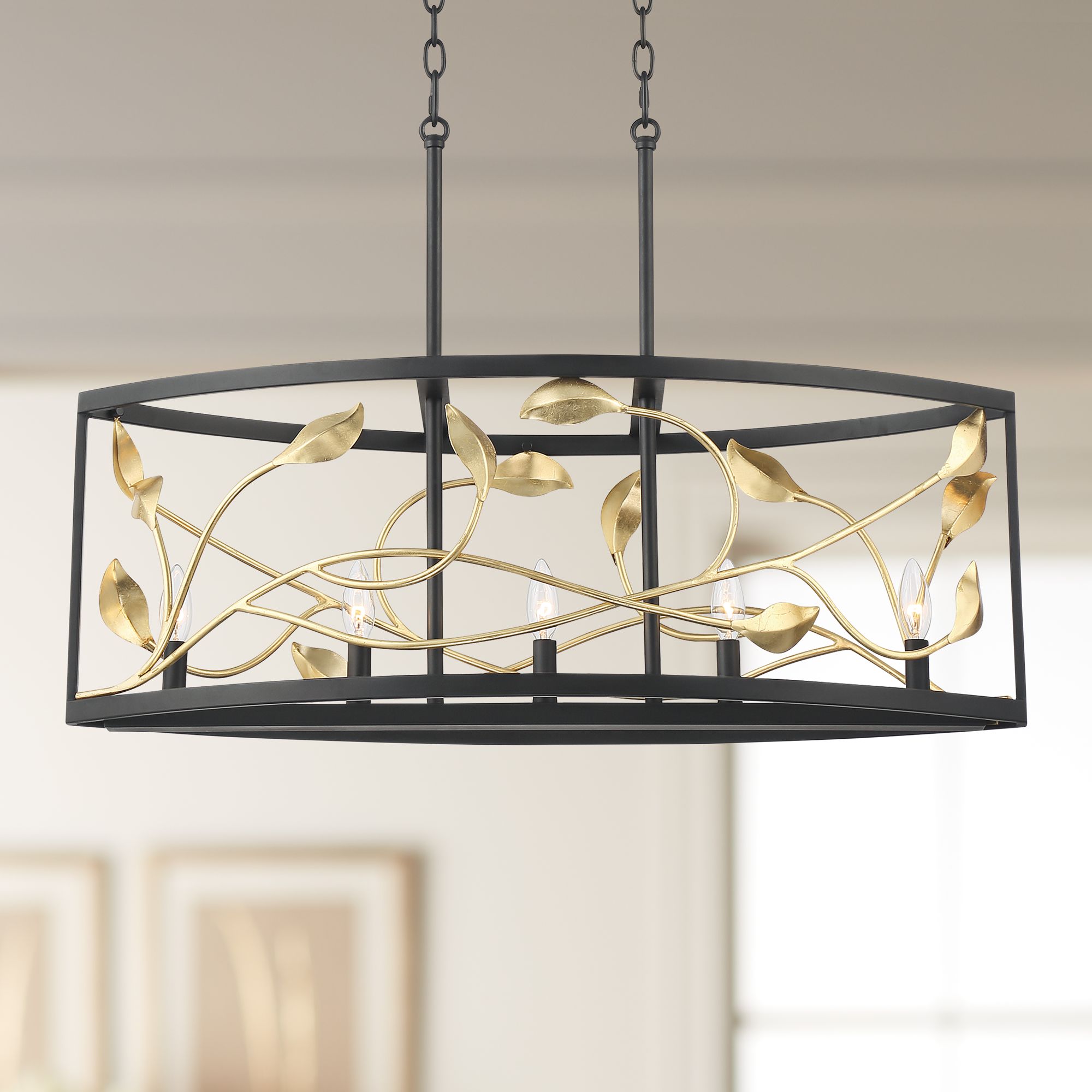 Vitora 34" Wide Black and Gold Vine Leaf 5-Light Island Pendant