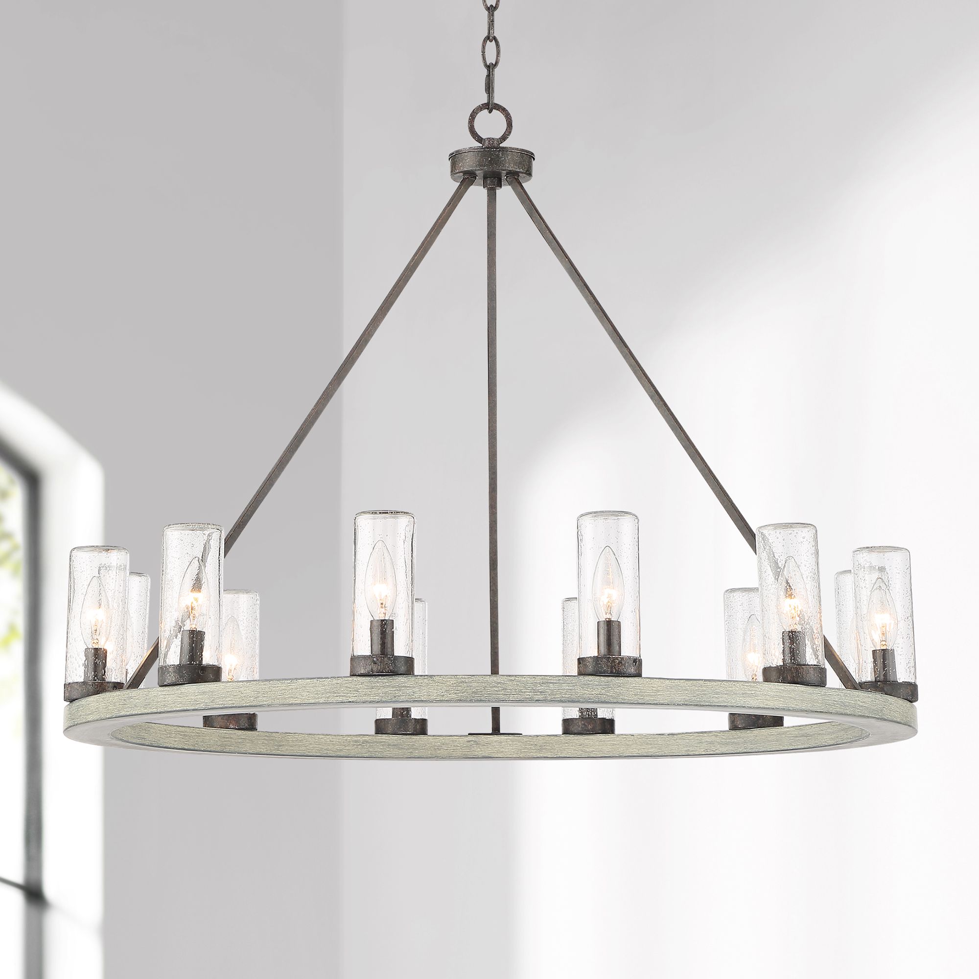 Lillian 34 1/2"W Gray Wood 12-Light Wagon Wheel Chandelier
