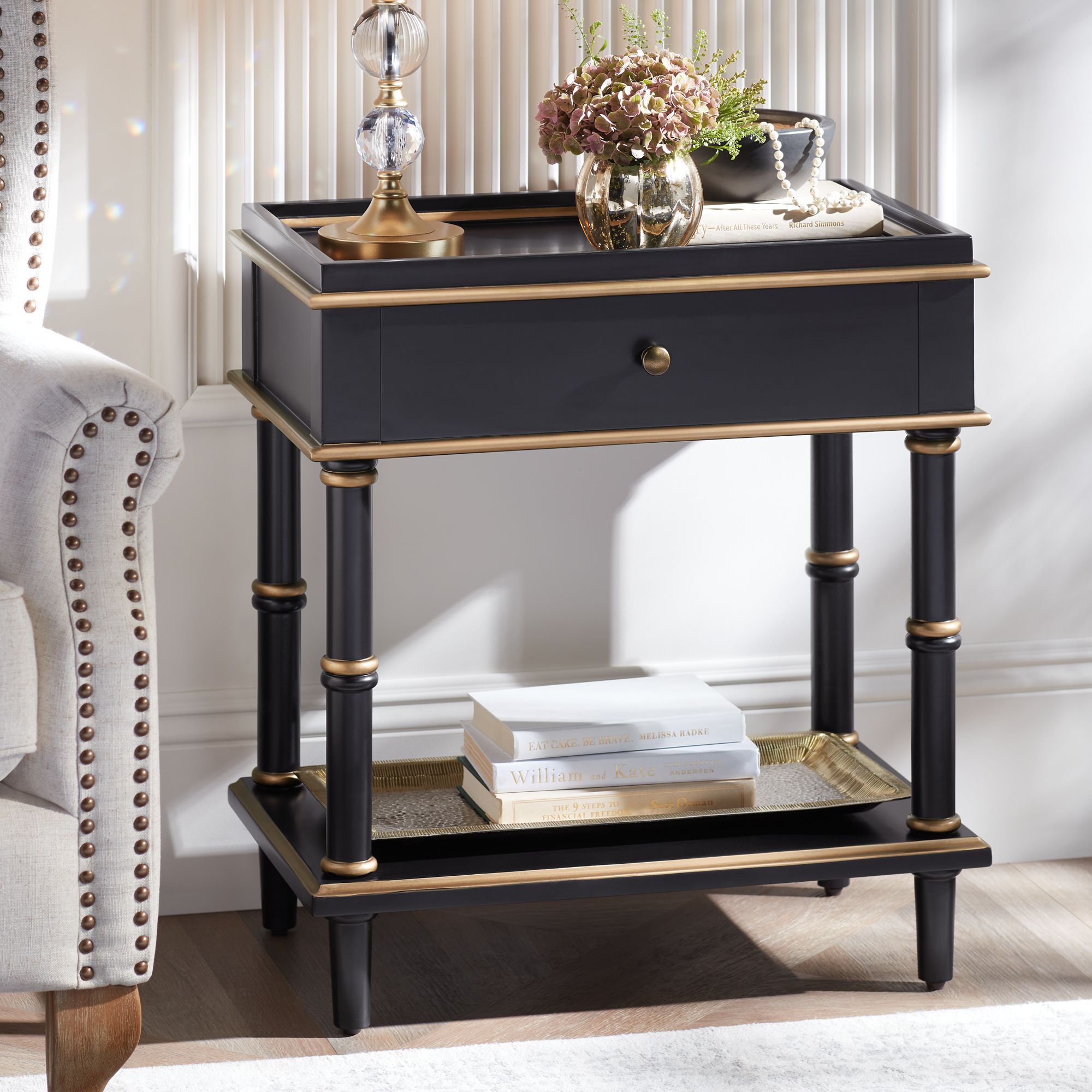 Cason 15" Wide Black and Gold Rectangular Side Table with Drawer
