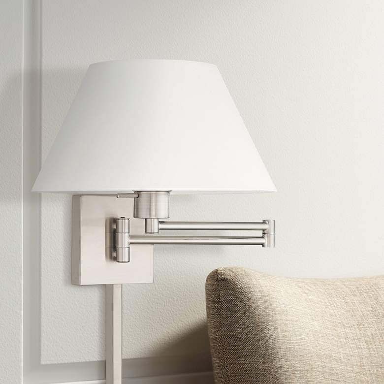 Image 1 Brushed Nickel Swing Arm Wall Lamp w/ Off-White Empire Shade