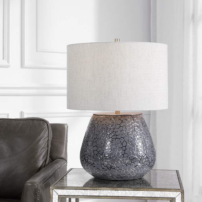 10.6 Inches BRUBAKER Small Table or Bedside Lamp Ceramic Base in Two-Tone Stone Finish Gray