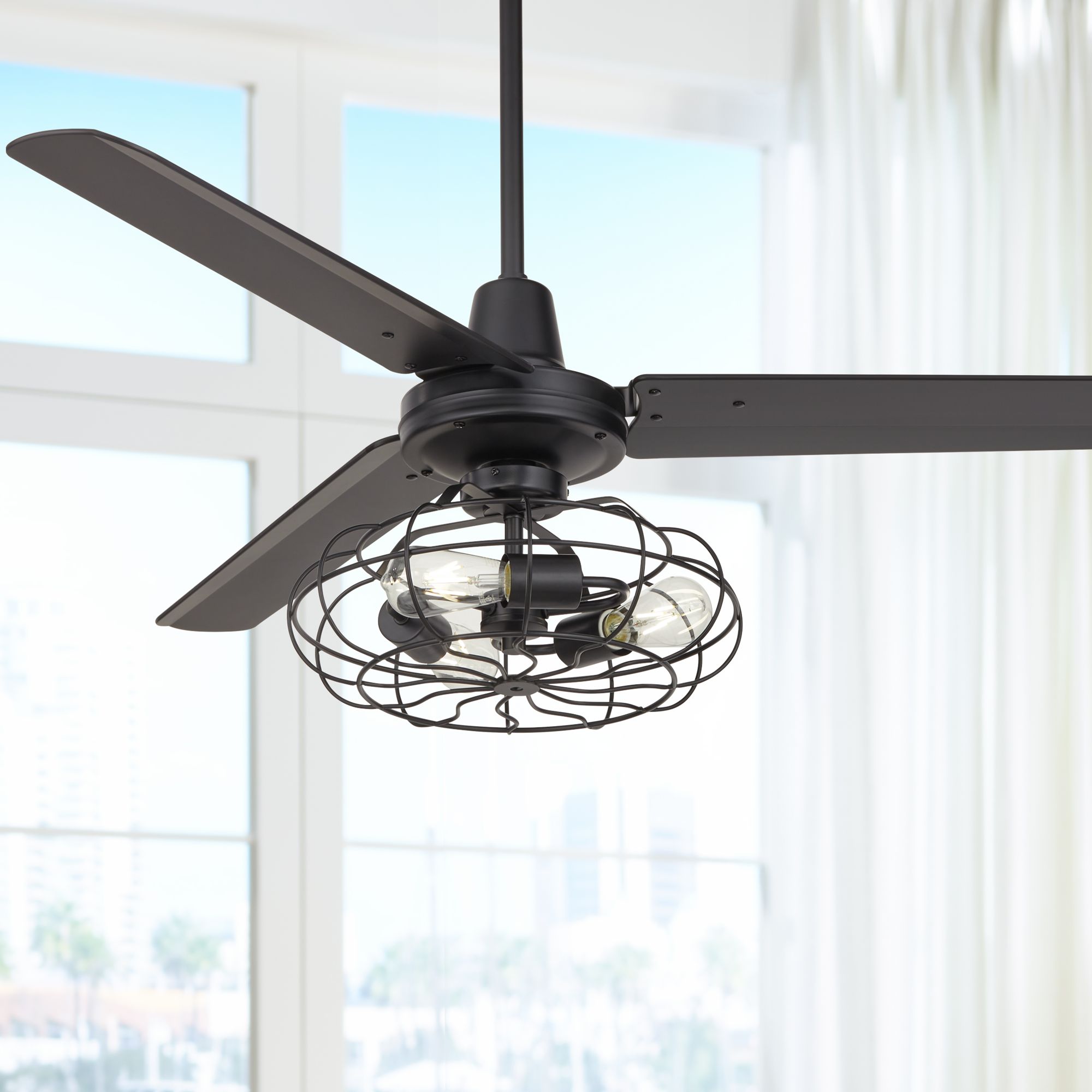 52" Plaza Matte Black Ceiling Fan with Caged 3-Light LED Kit