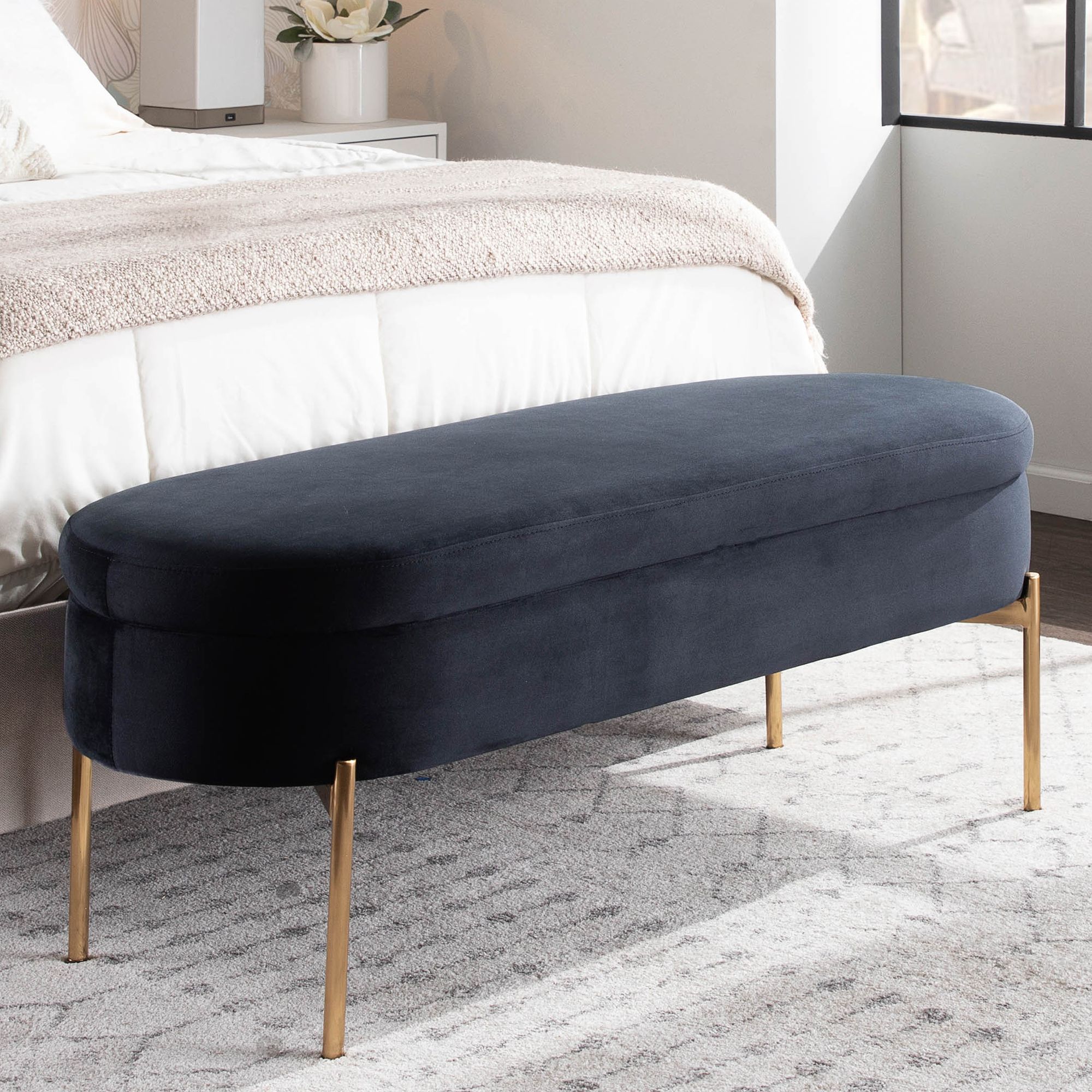 Chloe Black Velvet and Gold Metal Storage Bench 94V75 Lamps Plus